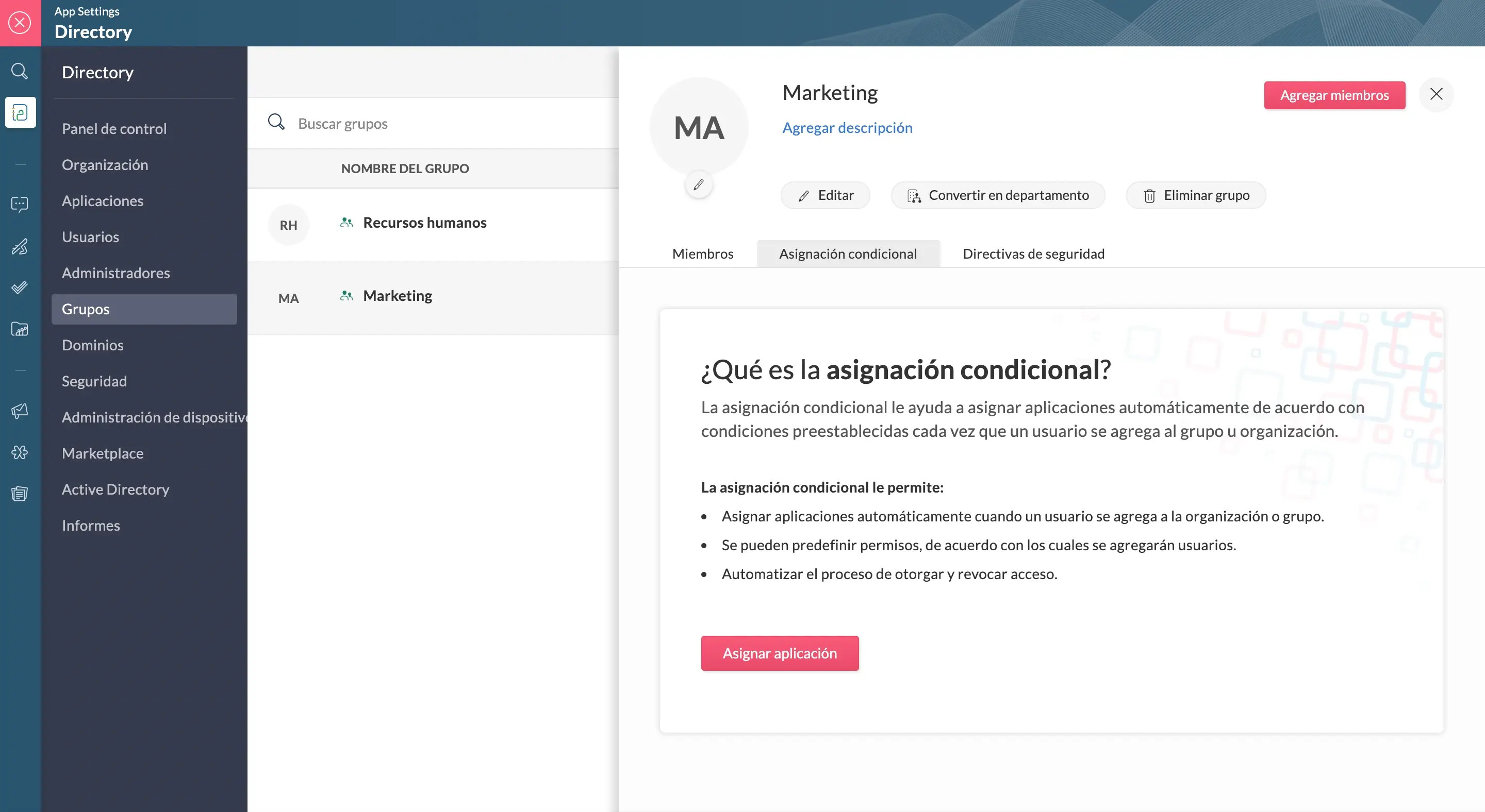 asignación de aplicaicones a grupo específico en zoho one