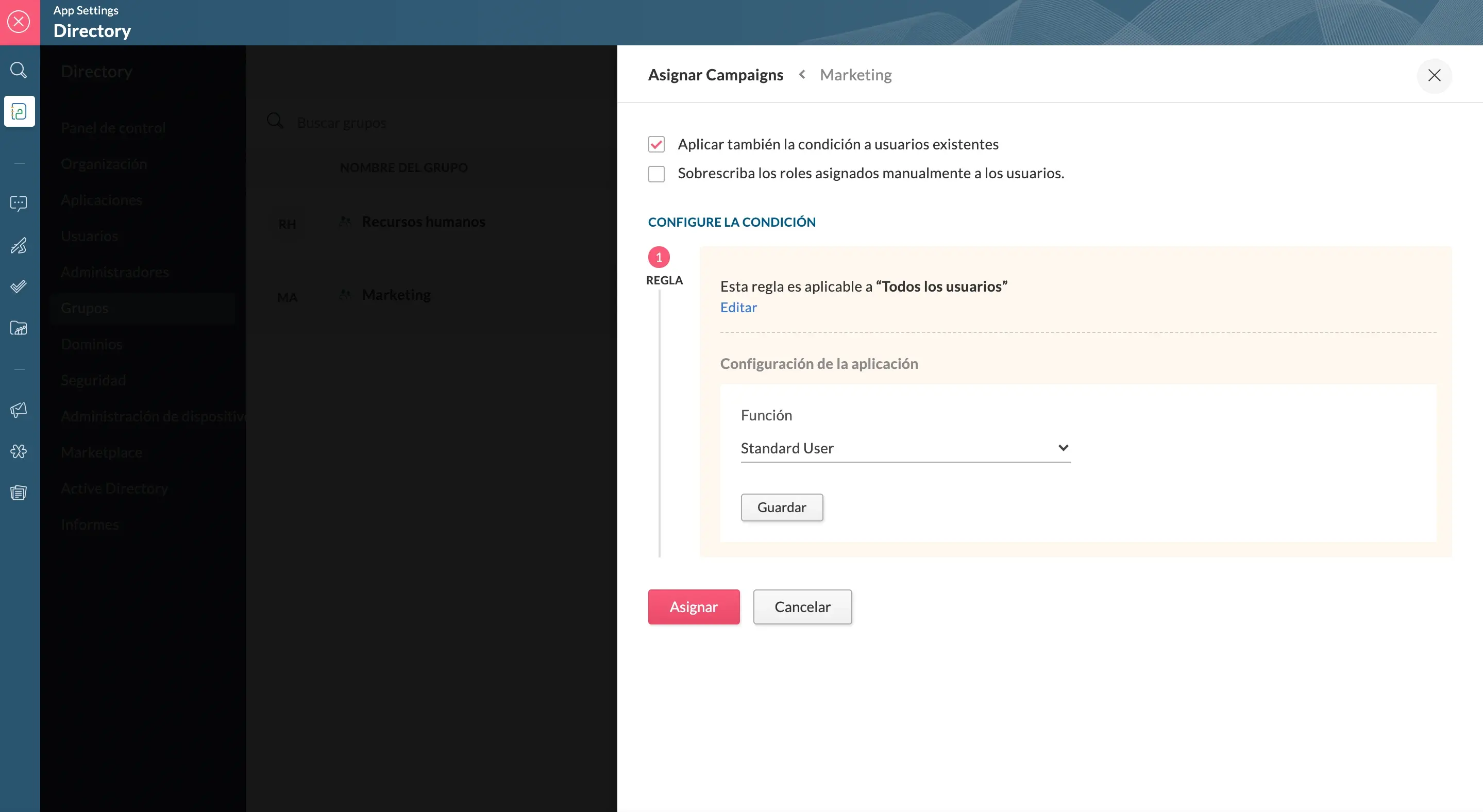 configurar condiciones de asignación de aplicaciones