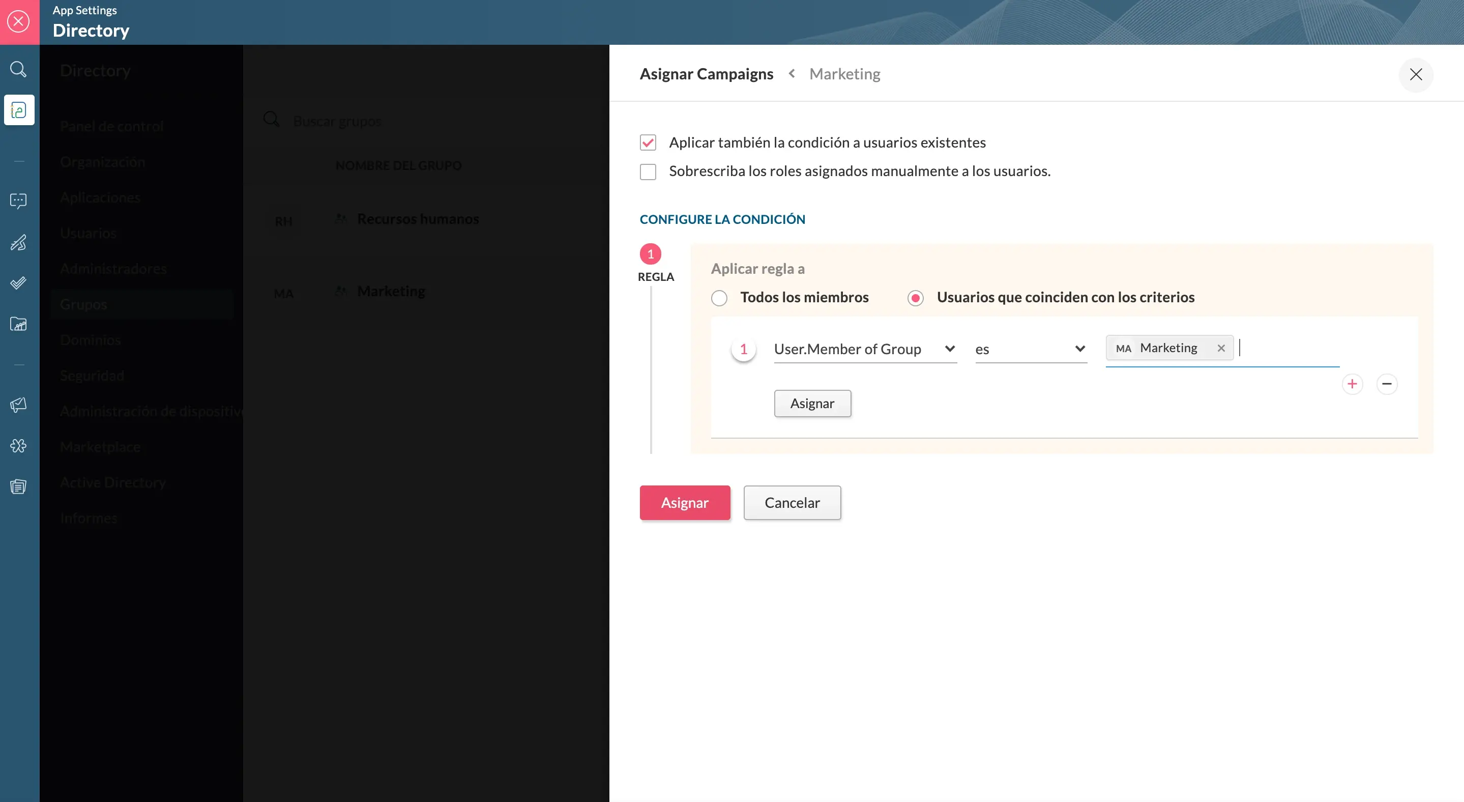 condiciones de asignación de palicaciones para grupos en zoho one