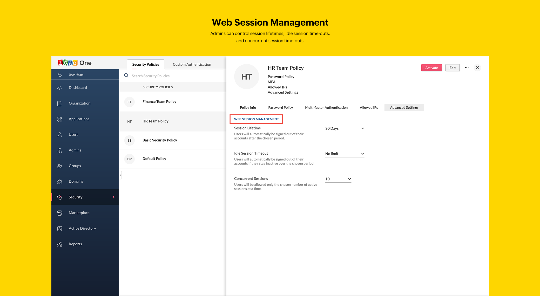 Web Session Management in Zoho One Admin Panel