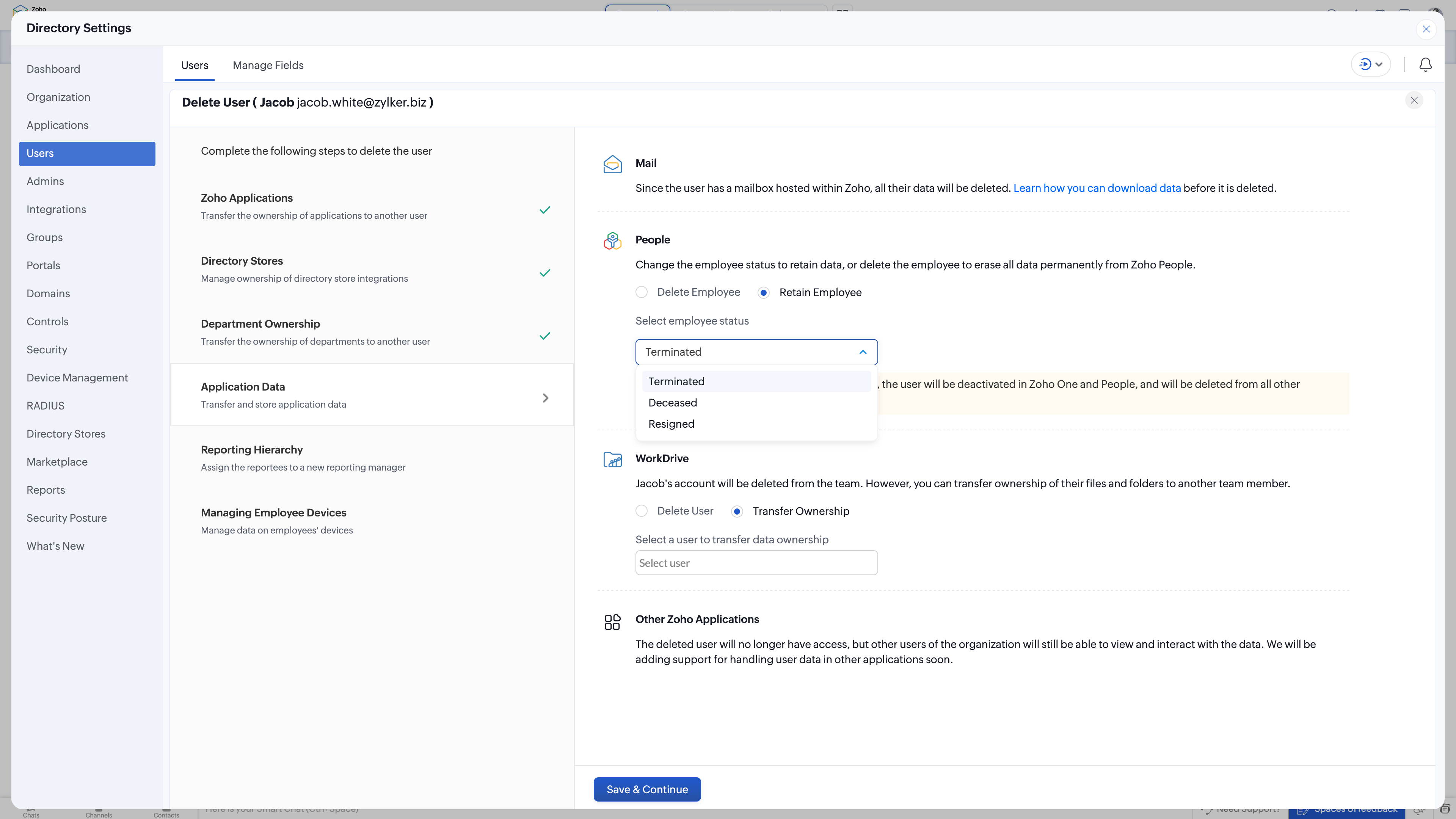Directory settings - delete user - terminated