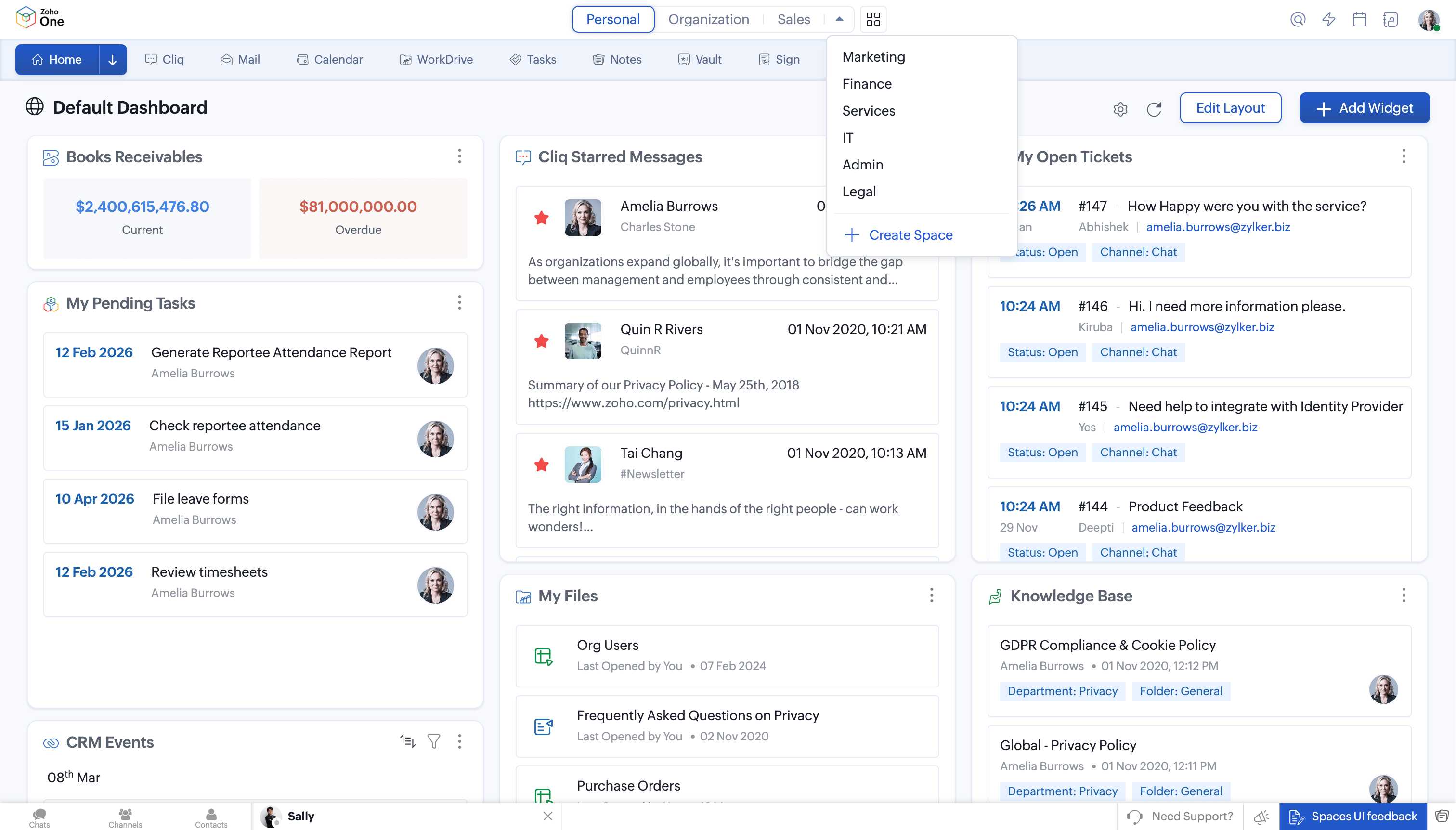 Top navigation of spaces user interface. Personal - Organization - Functional 