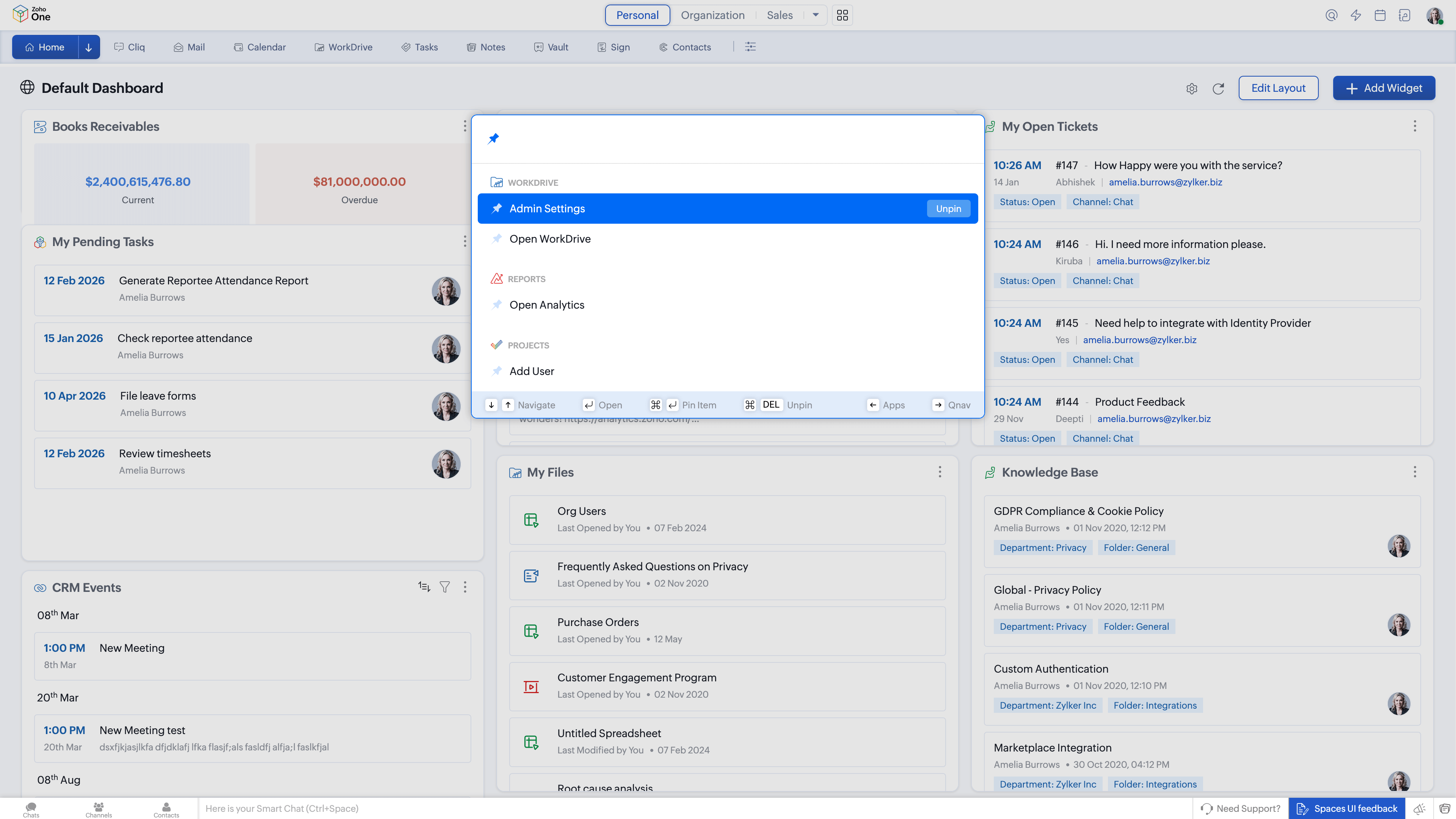 Zoho One QuickNav PinScreen