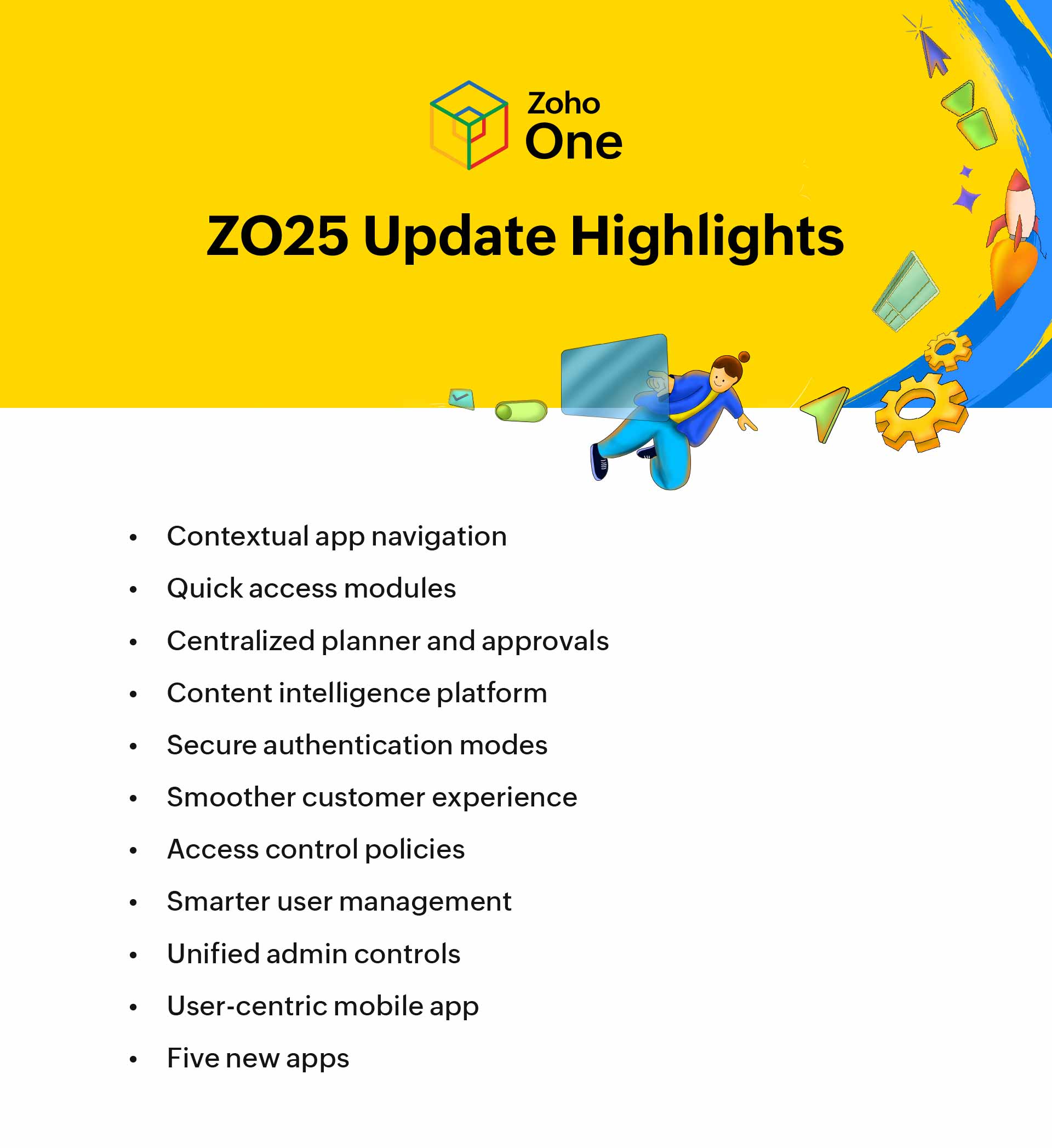 Contextual app navigation Quick access modules Centralized planner and approvals Content intelligence platform Secure authentication modes Smoother customer experience Access control policies Smarter user management Unified admin controls User-centric mobile app Five new apps