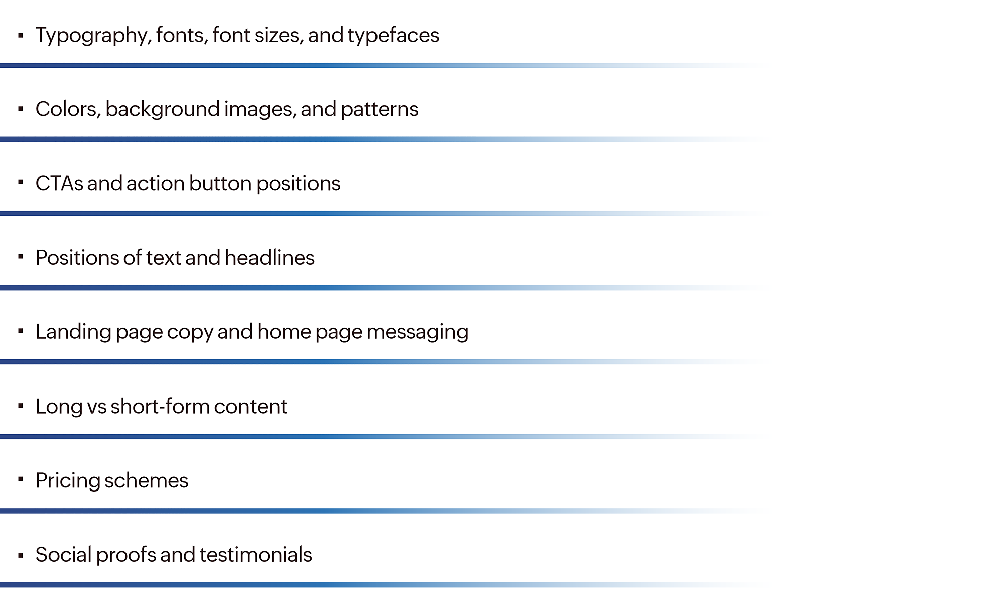 Components of a website to test while doing a data driven A/B test.