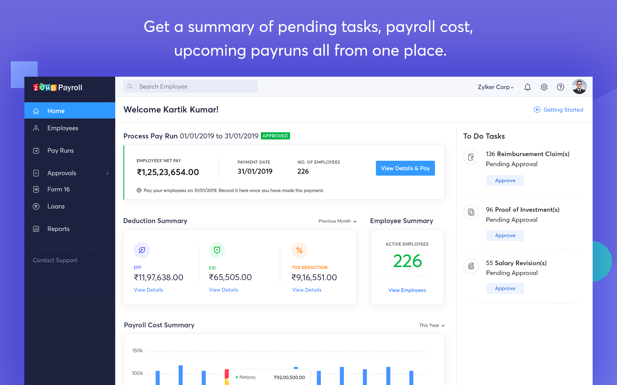 Zoho Payroll Dashboard Summary