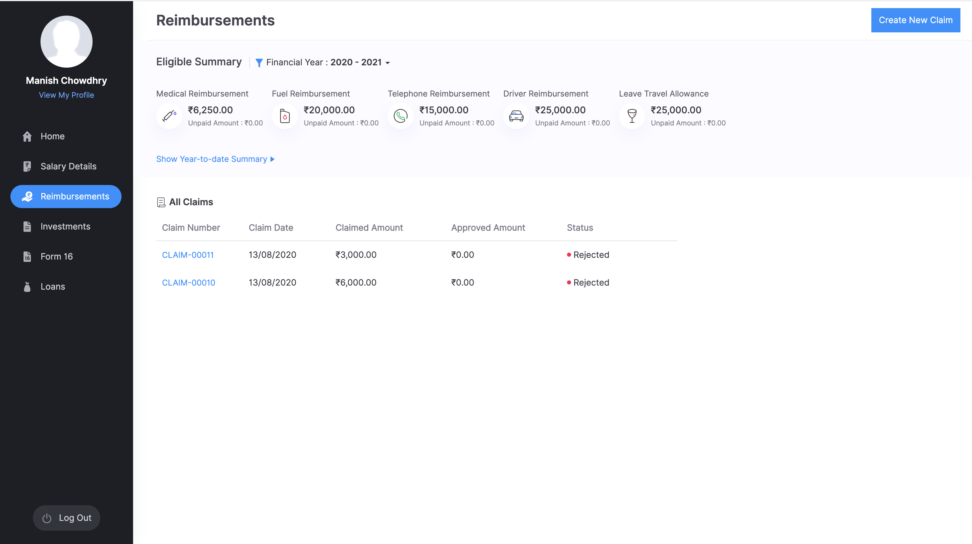 ESS Portal : Employee submitting reimbursement requests