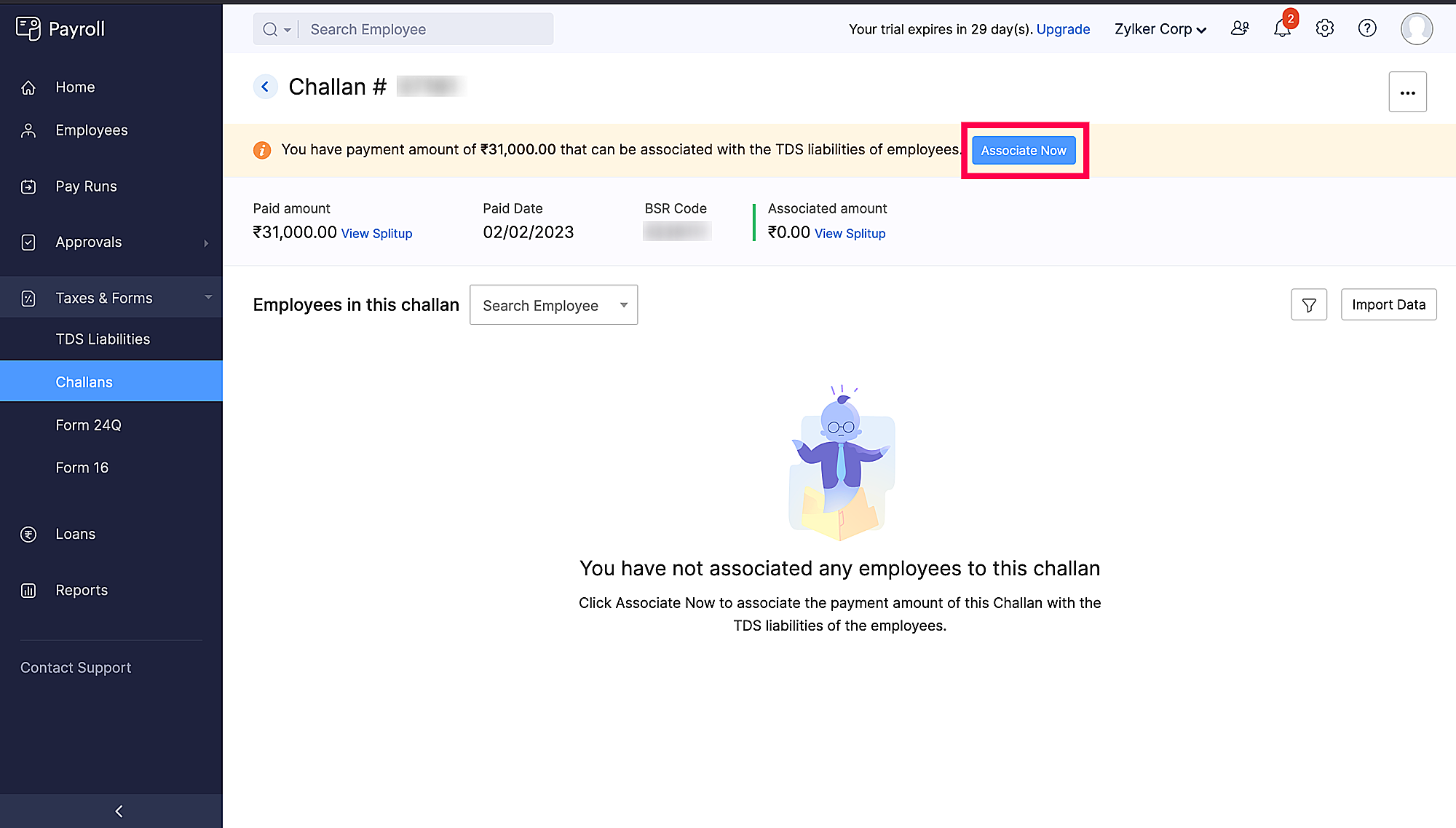 Associate employees with TDS challans