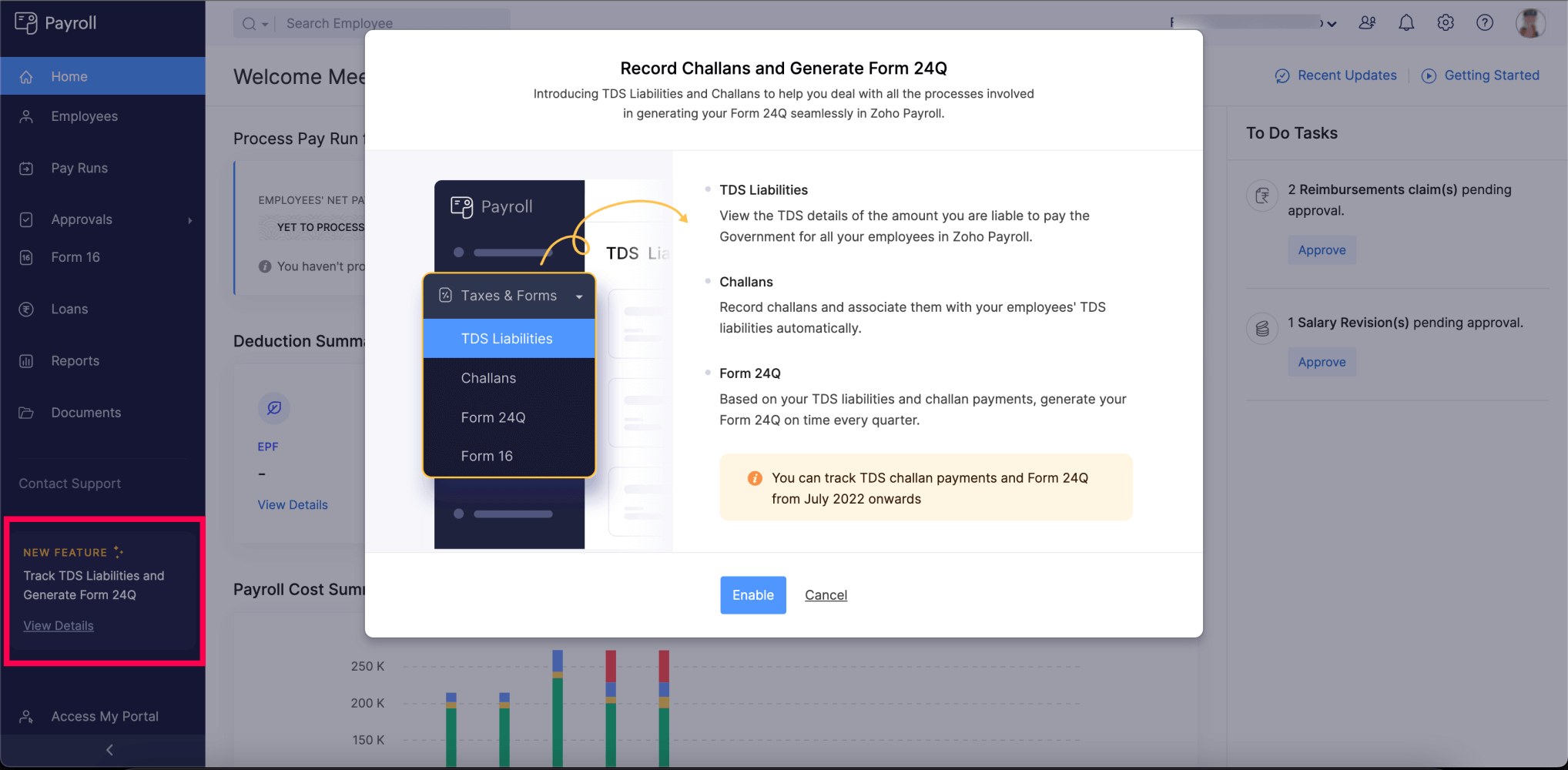 Enable TDS in Zoho Payroll