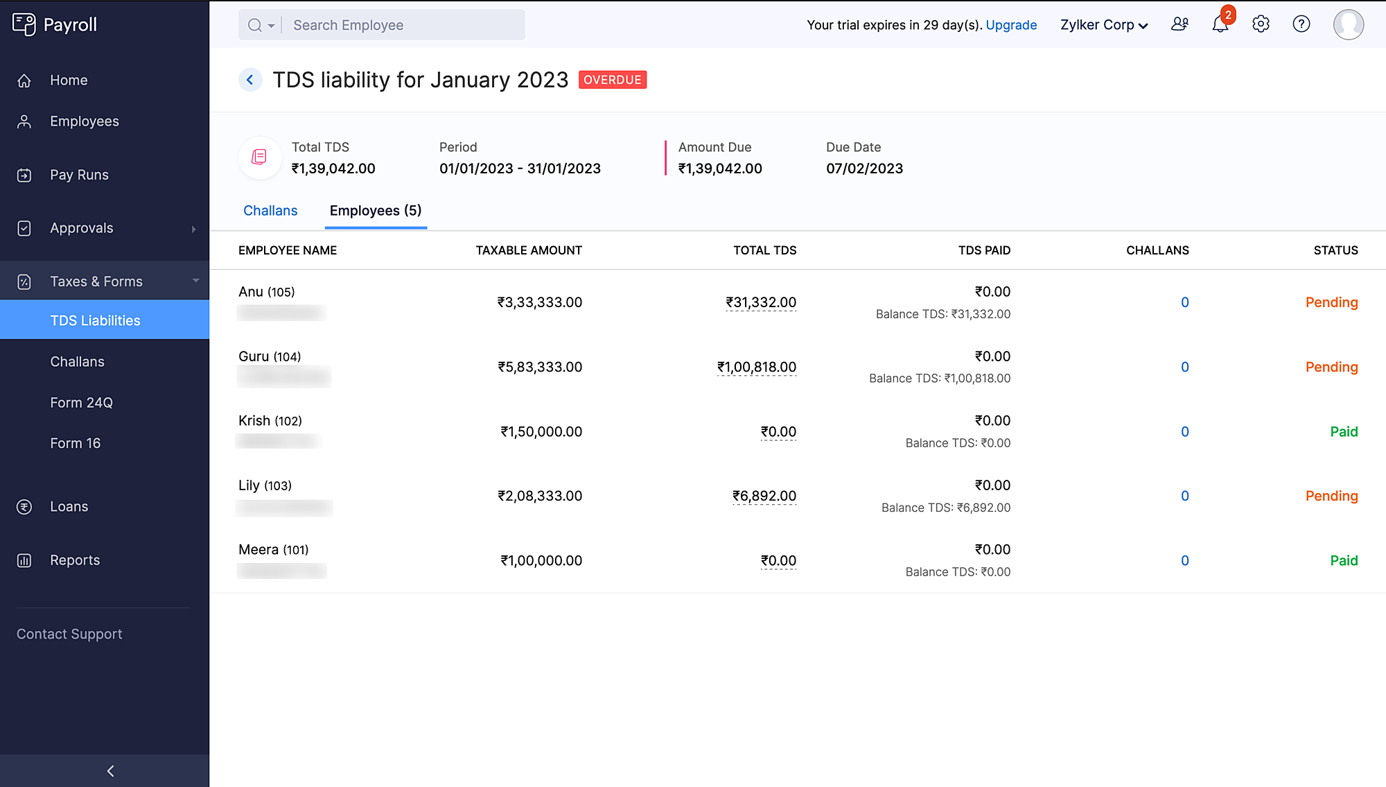 Track TDS liabilities in Zoho Payroll