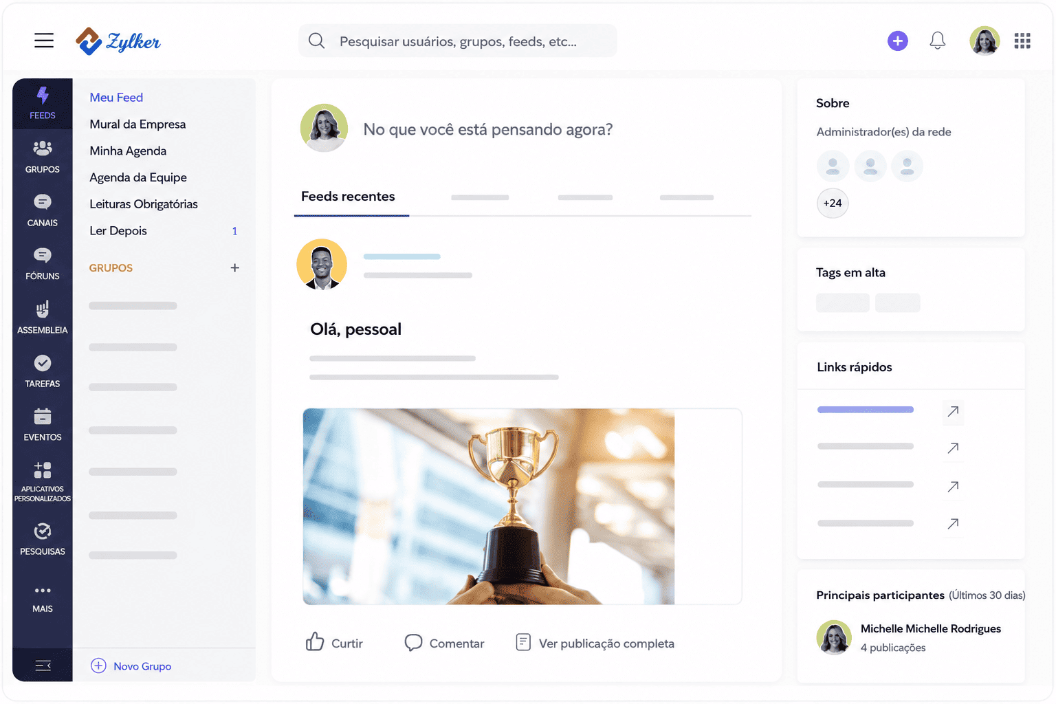 Página inicial do Zoho Connect exibindo o feed de publicações, menu lateral de navegação e painéis com informações da rede, links rápidos e participantes em destaque.
