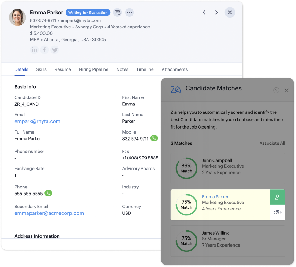 Zia candidate matching