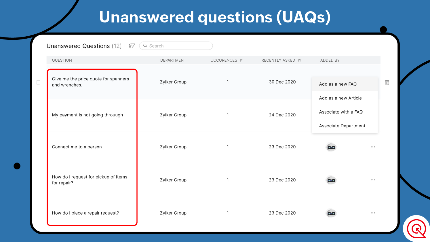 UAQs of customer service knowledge base