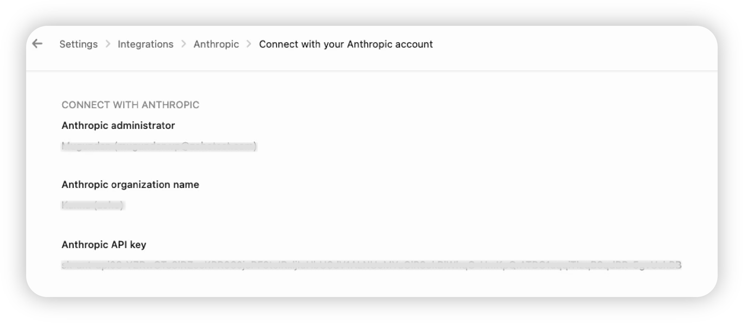 API credential field for a selected AI provider, with Anthropic, Zia, OpenAI, and Google AI shown as available services