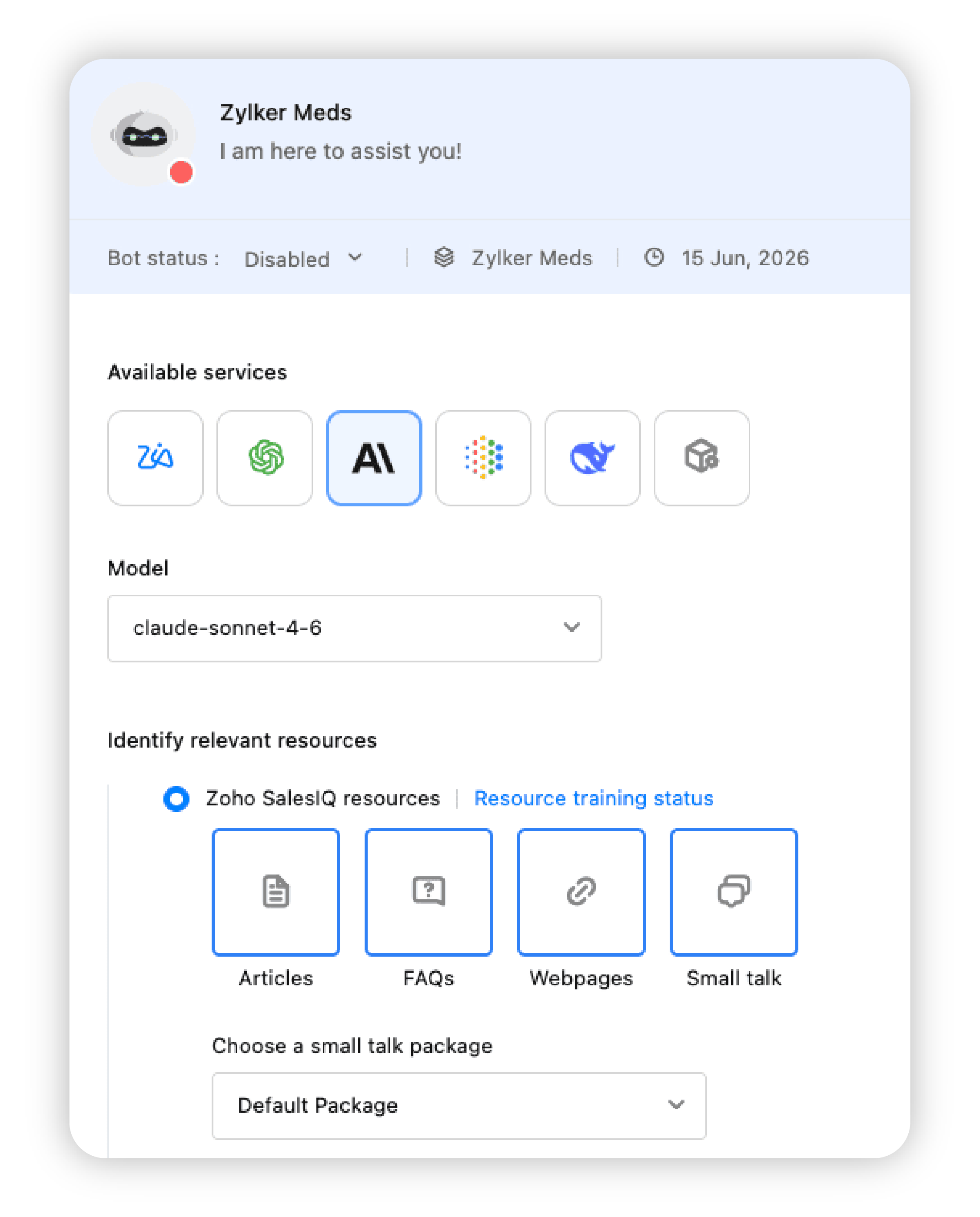 Answer Bot card configuration screen with Anthropic selected as the AI service