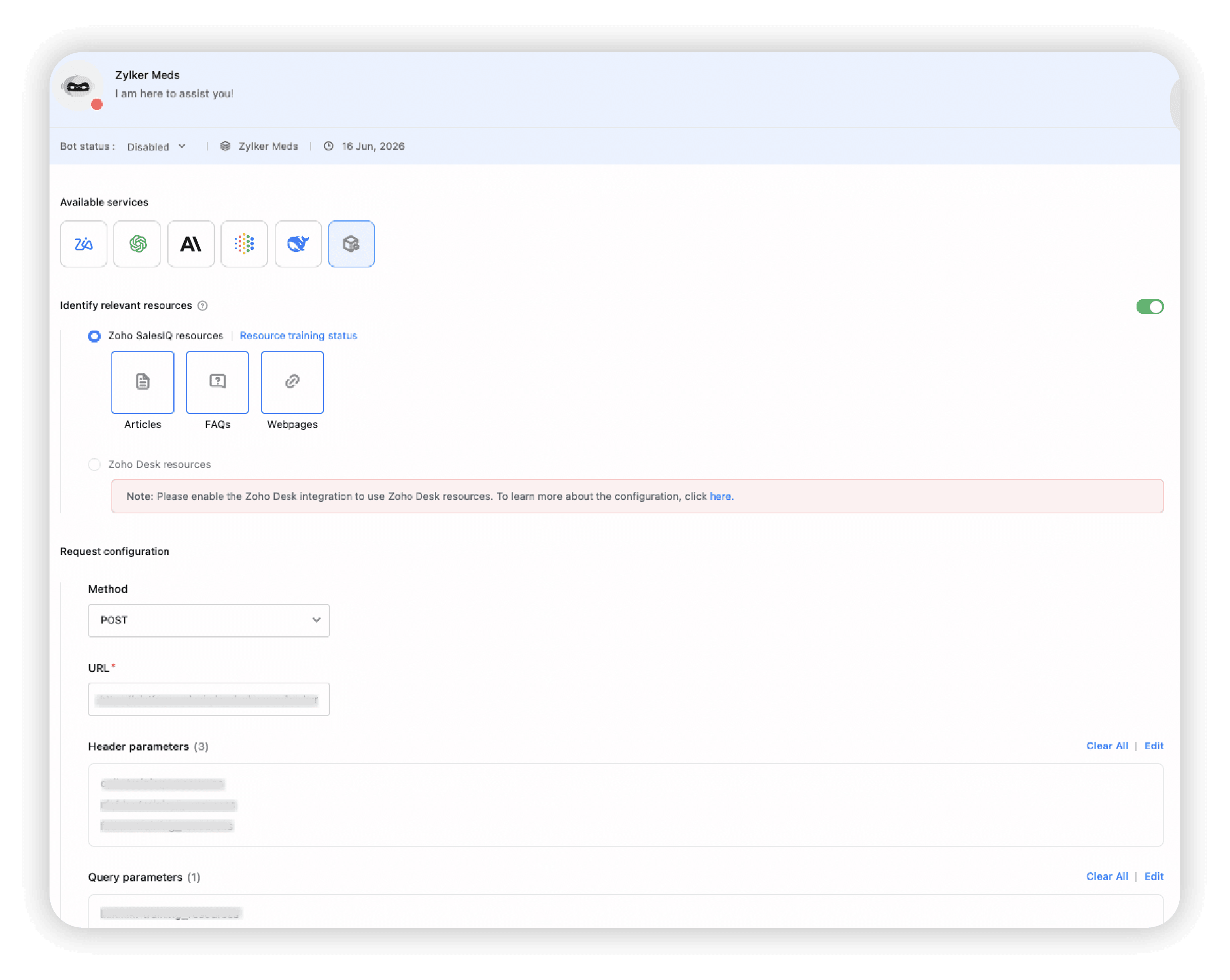 Answer Bot configured with a custom service webhook and model endpoint URL