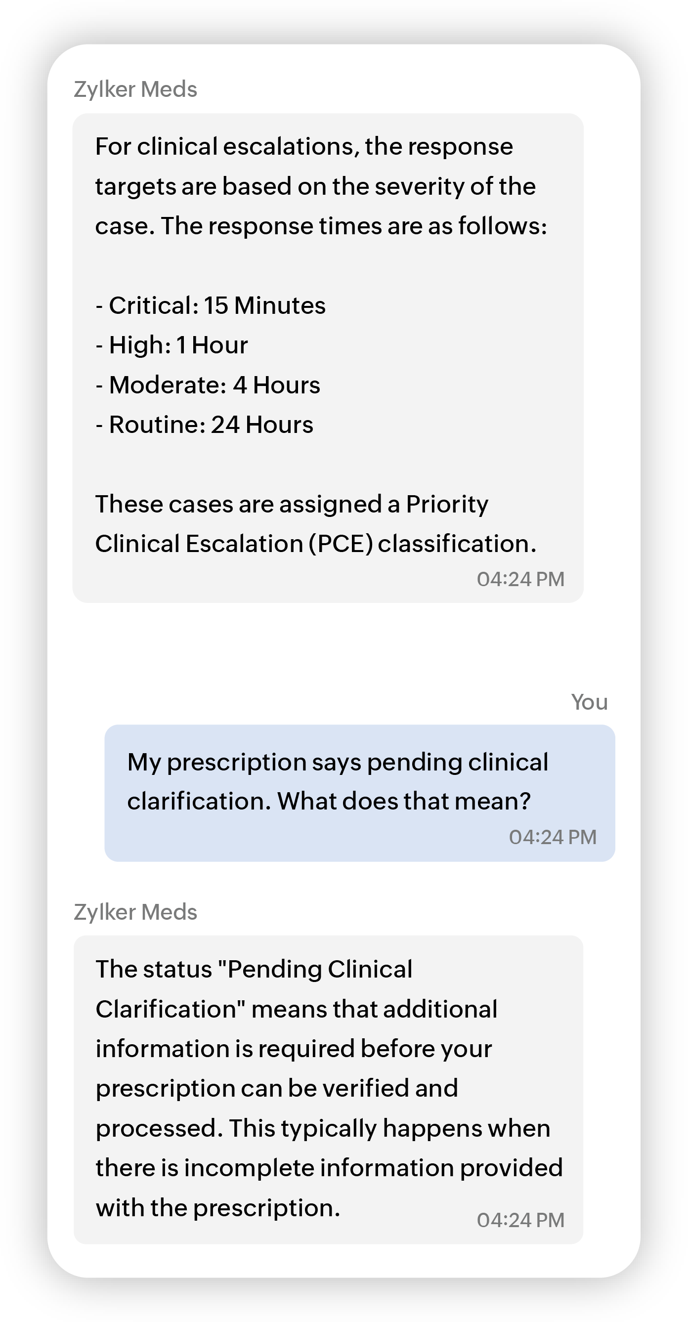 Chat window showing a product-specific visitor question answered through a webhook-connected proprietary model