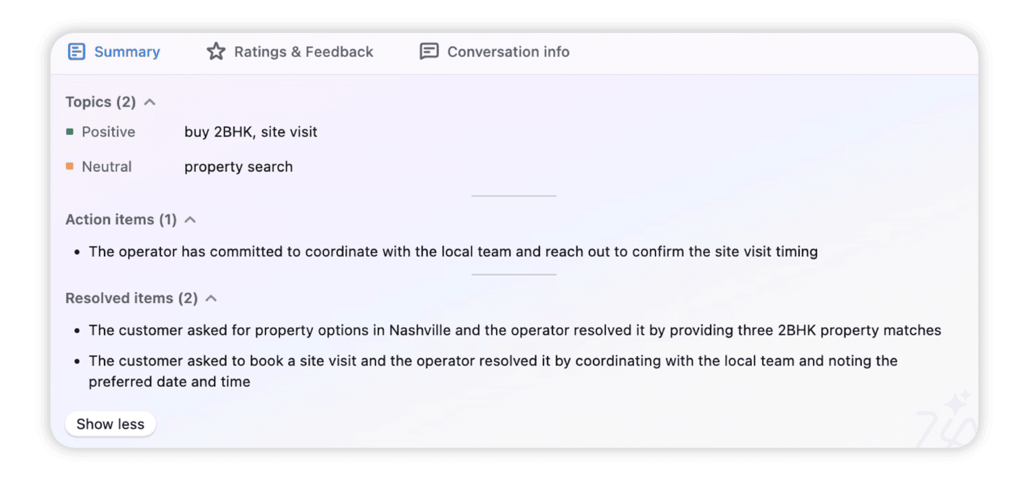 Real estate agent conversation summary