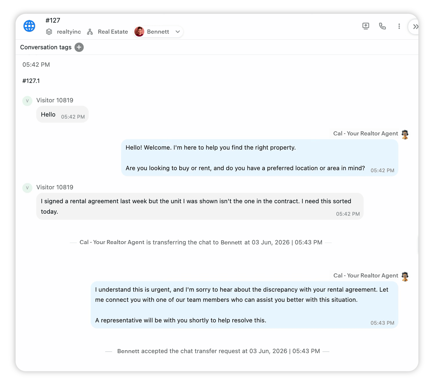 Real estate AI agent handing off to human operator