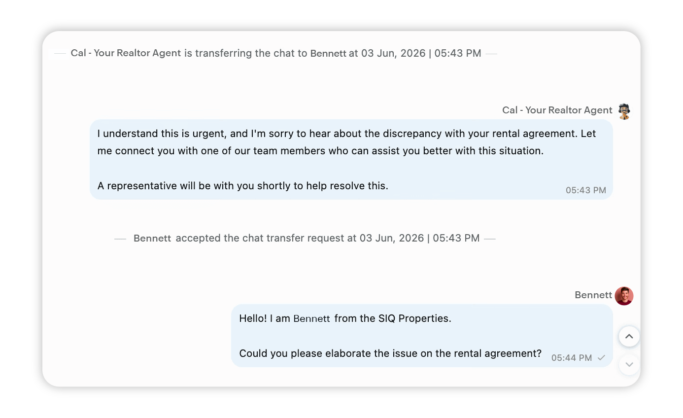 Zia agent forwarding chat to human