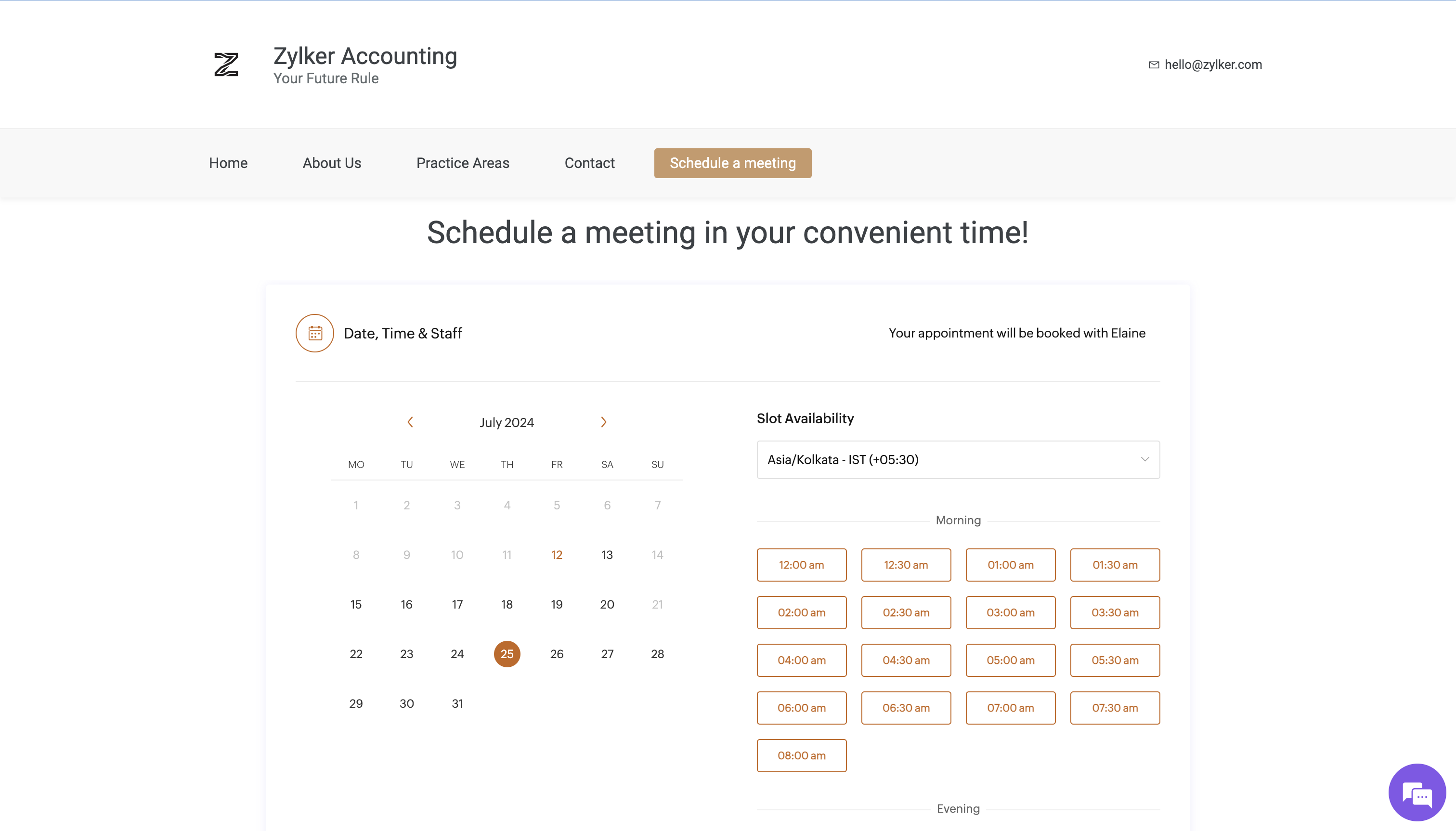 Zoho Bookings booking page with available timeslots