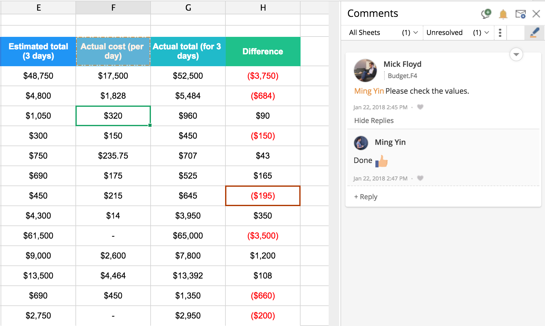 Comment and discuss with your team inside the spreadsheet