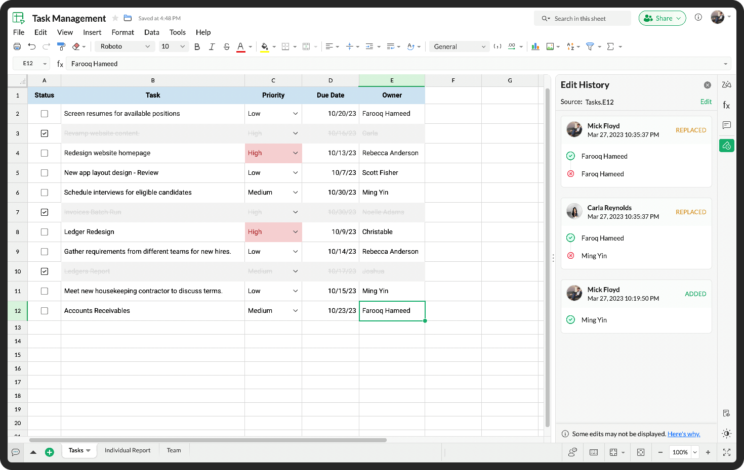 Edit history in Zoho Sheet