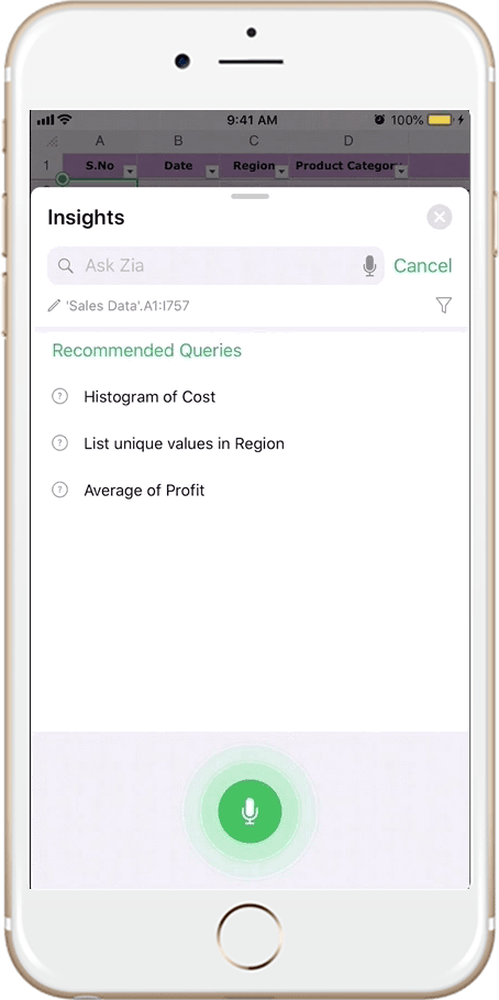 Zia on Zoho Sheet mobile app