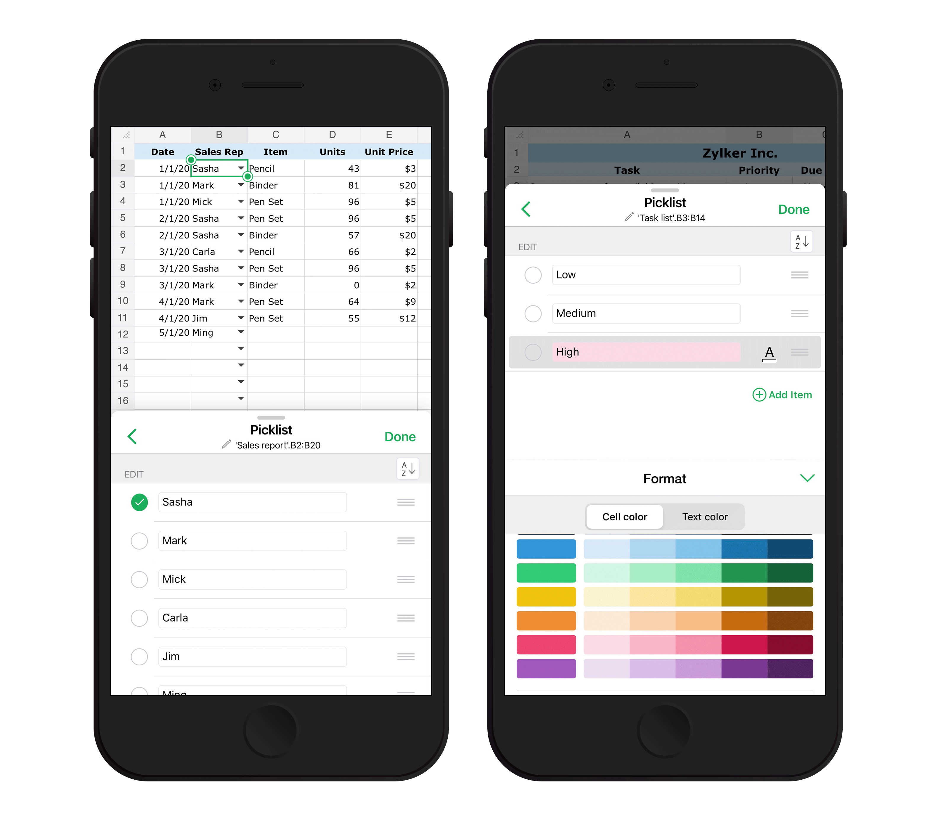 Picklist in zoho Sheet mobile apps