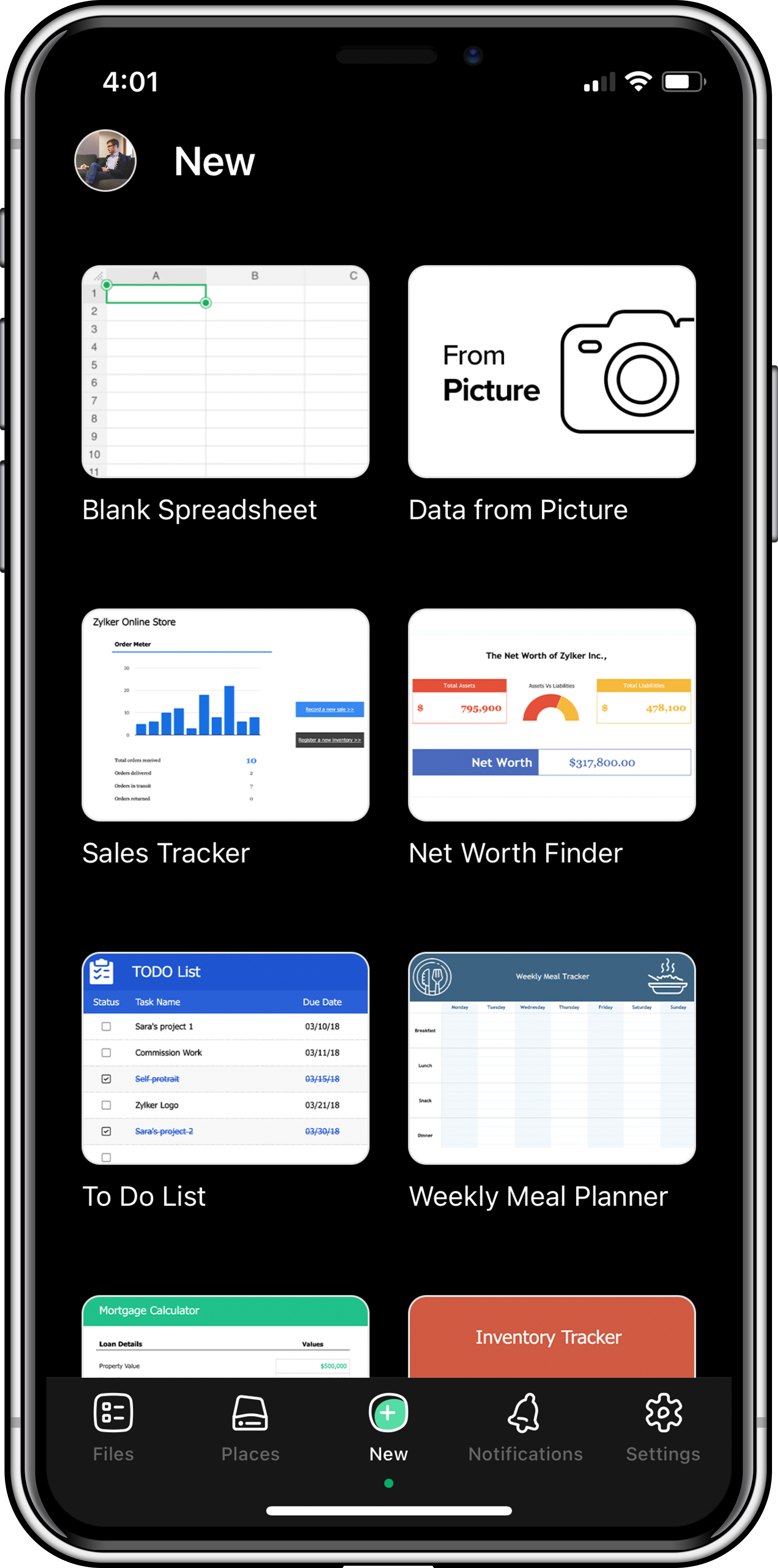 Templates in Zoho Sheet dark mode