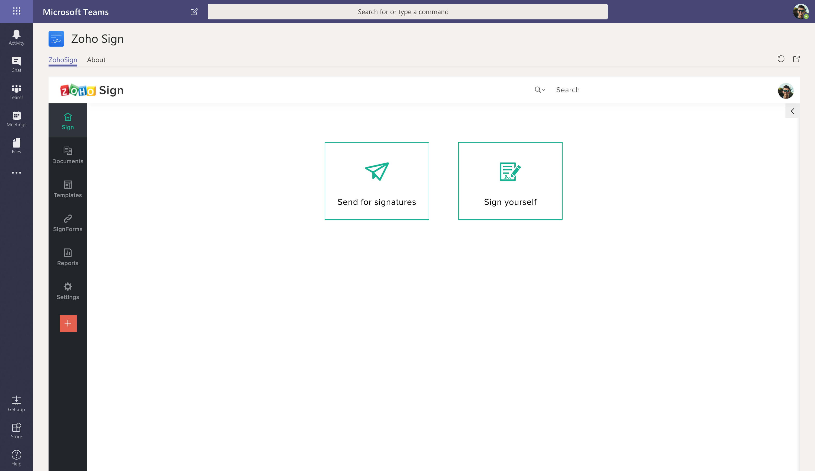 Zoho Sign dashboard inside Microsft Teams