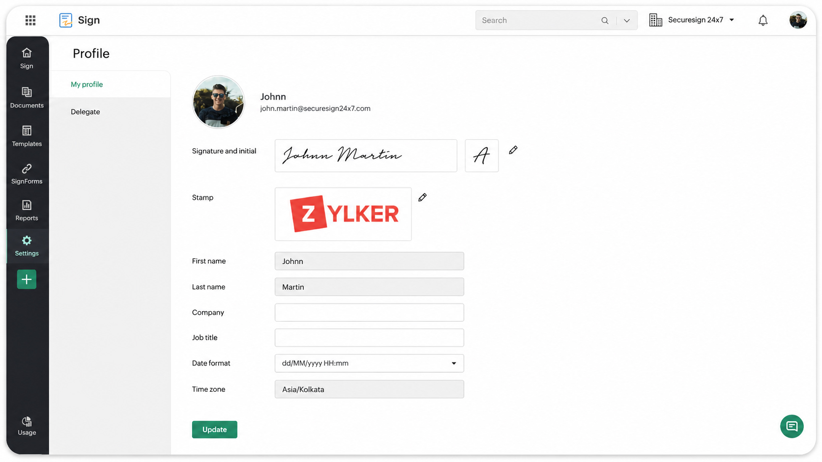 Setting up your Zoho Sign profile