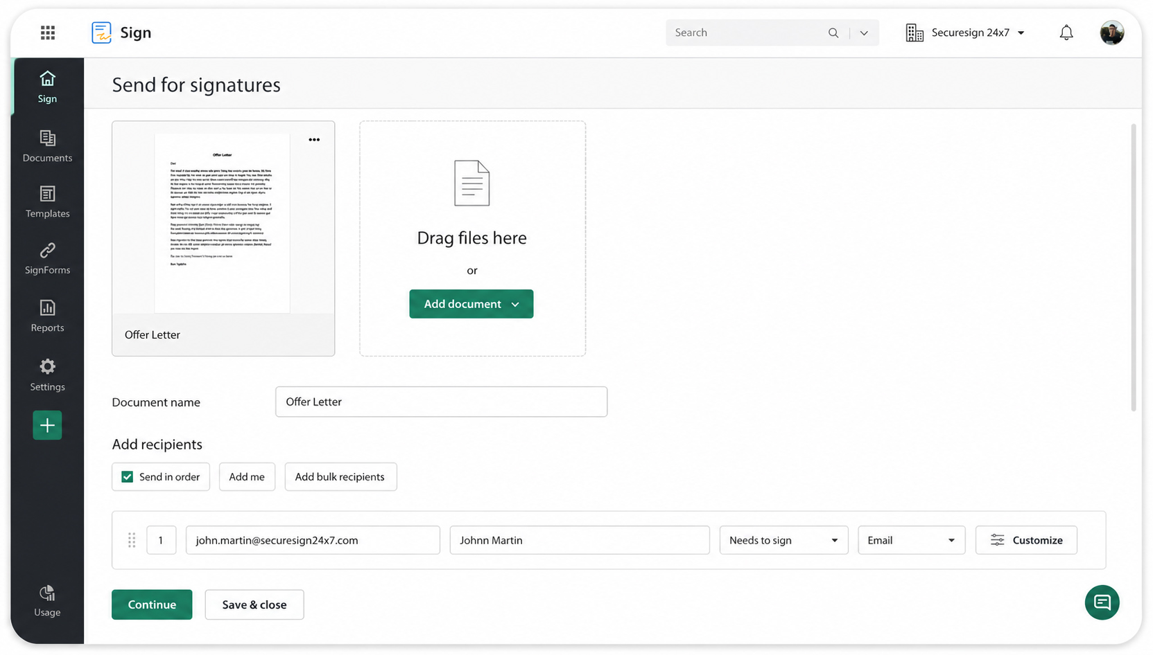 Sending documents for signature