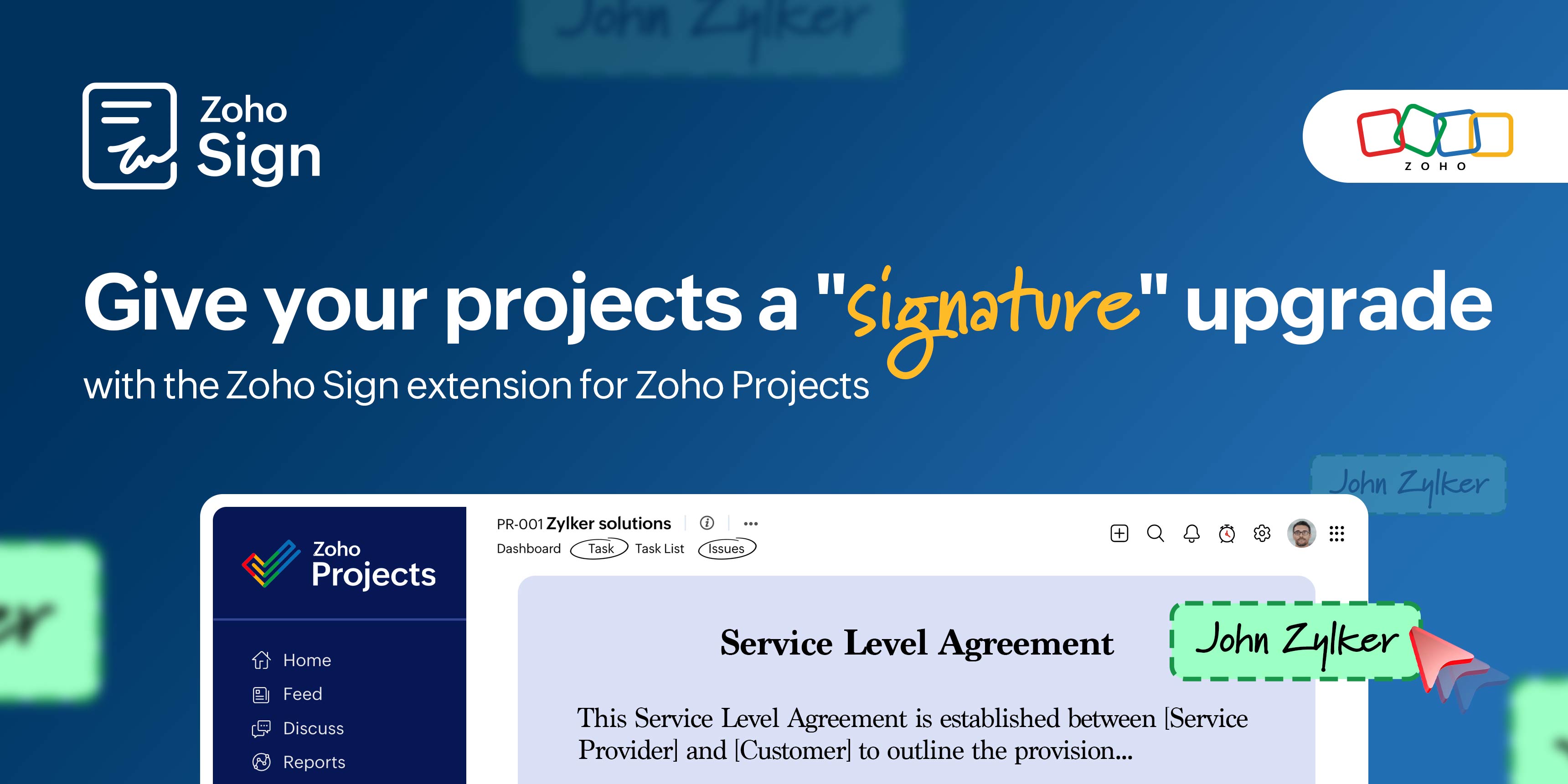 Zoho Projects and Zoho Sign workflow integration visual.