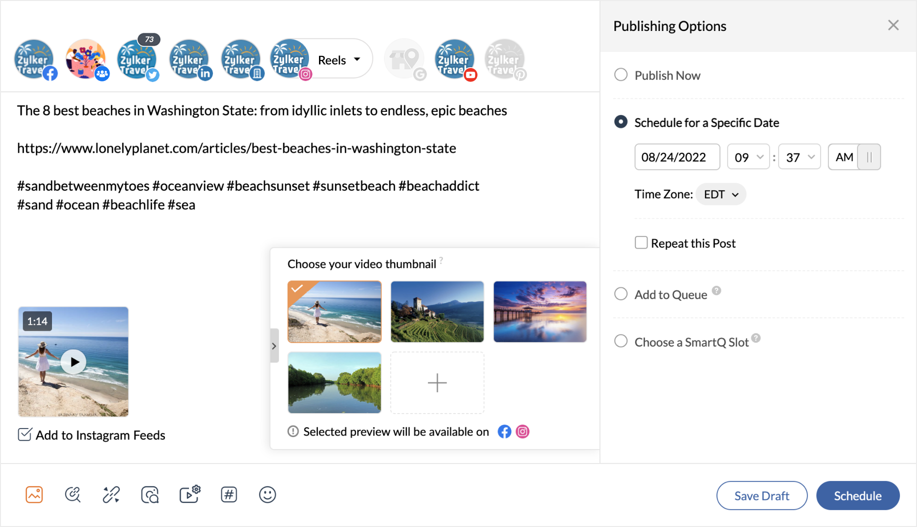 Publishing window for Instagram reels on Zoho Social