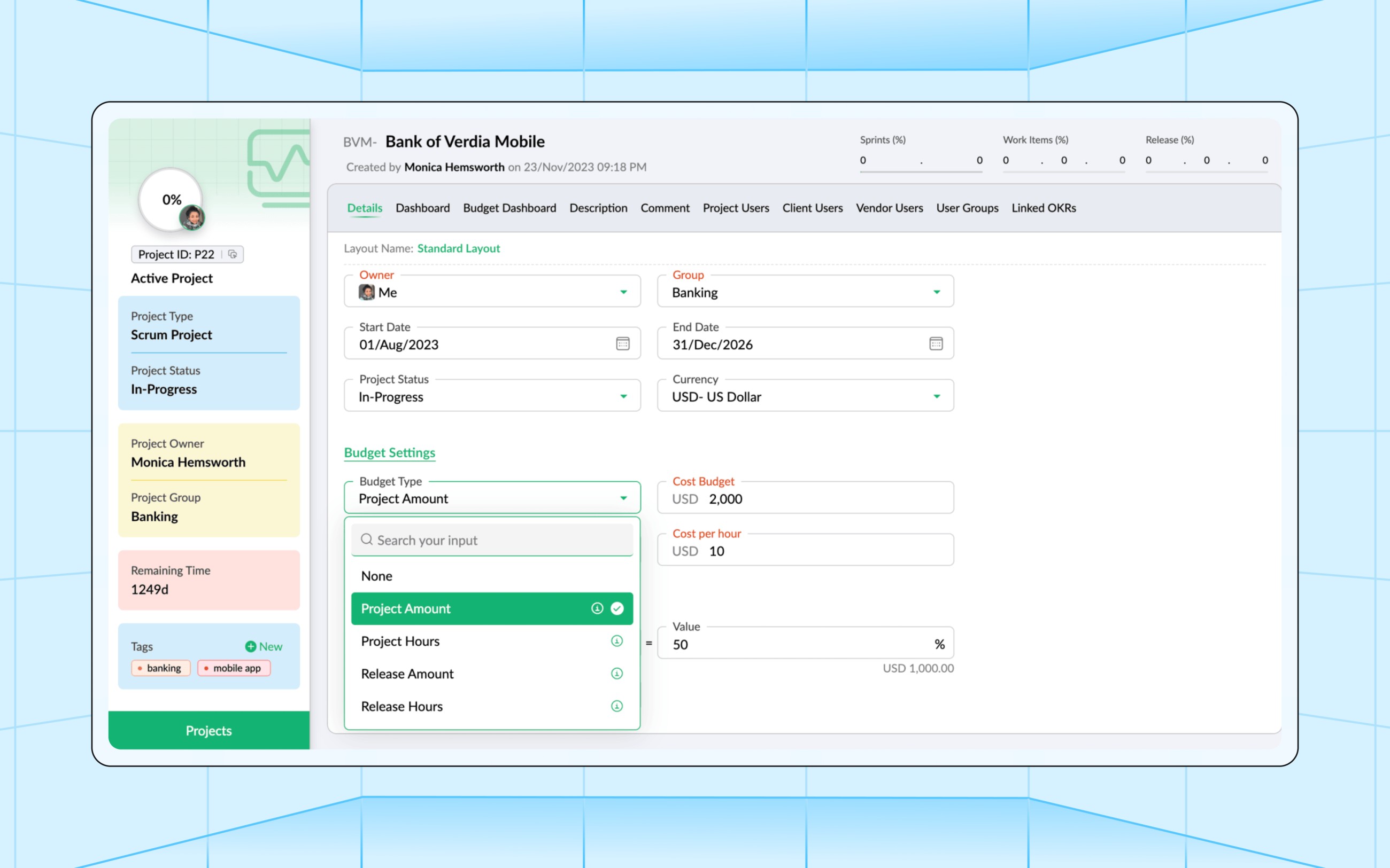 Zoho Sprints 3.0 Budget and Expense Management Module Setting the budget