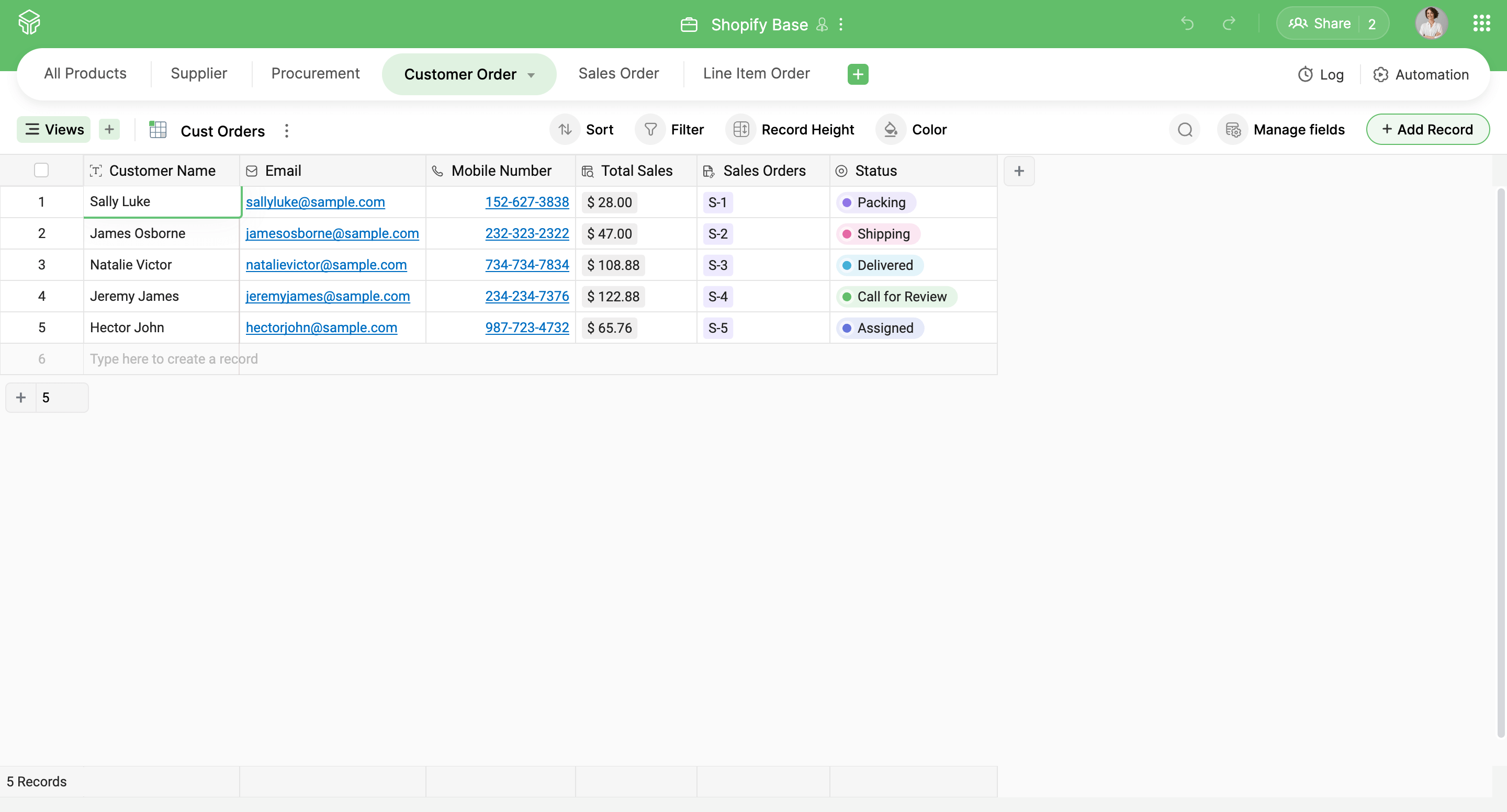 Shopify integration with Zoho Tables