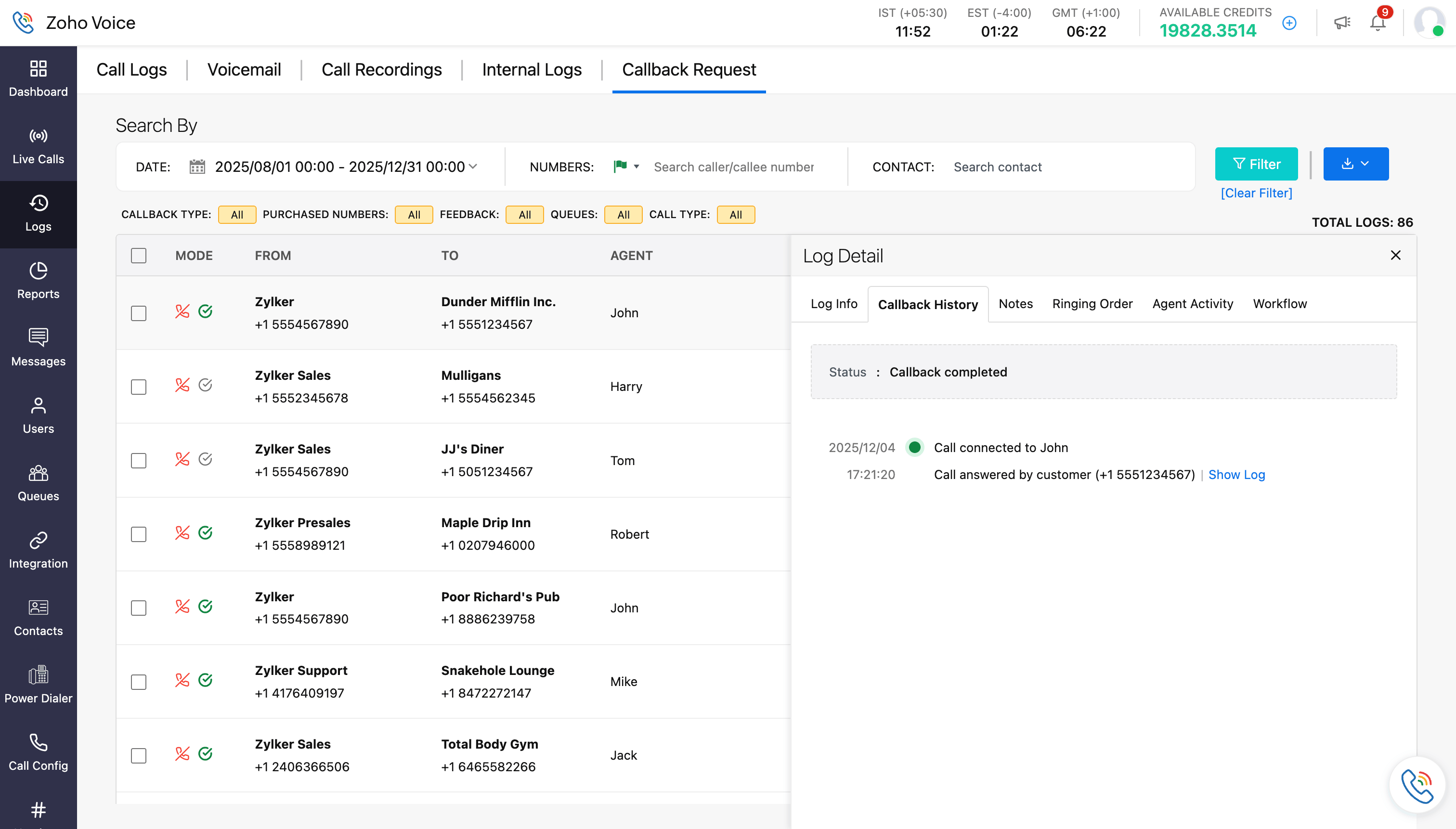 Callback logs in Zoho Voice
