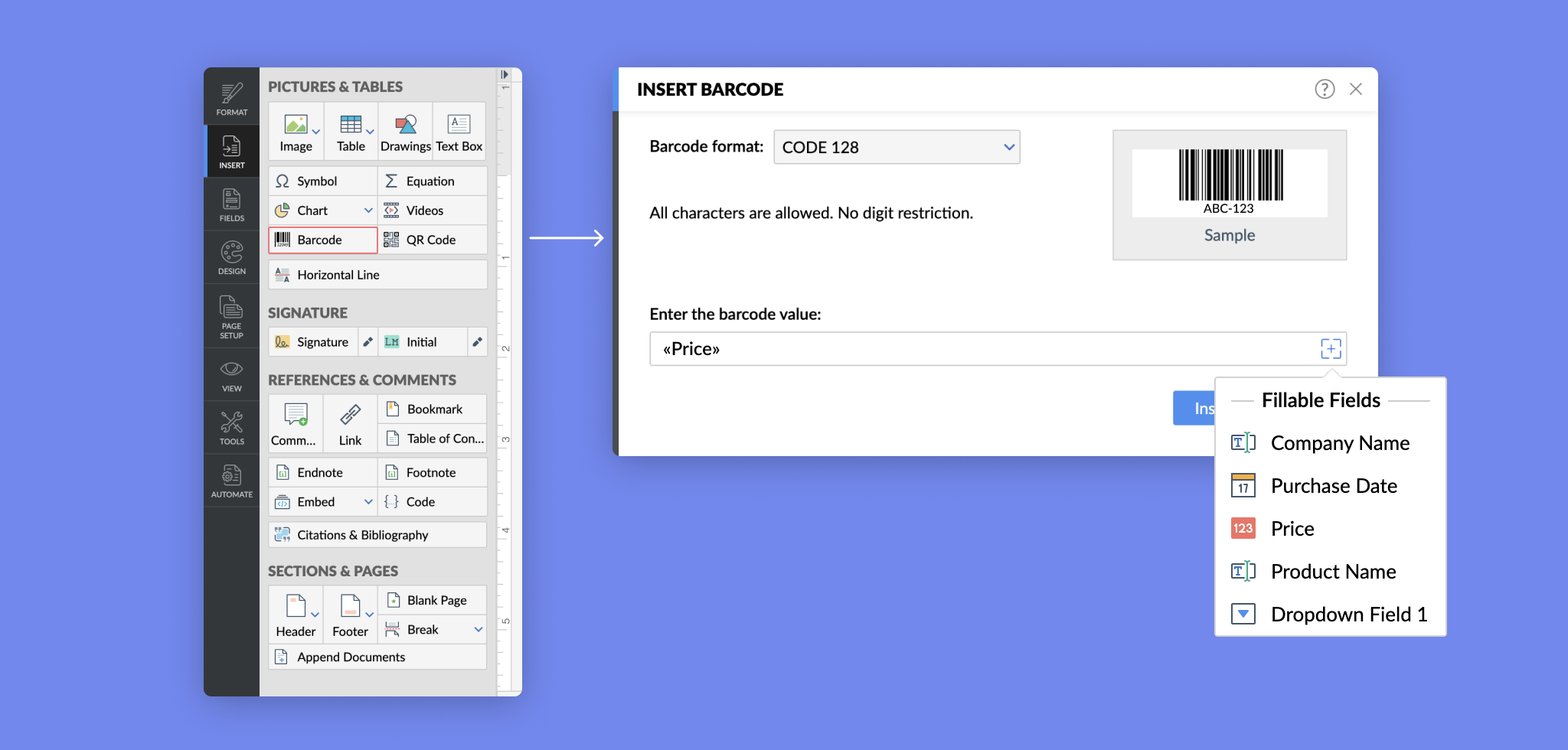 Adding barcodes to fillable forms