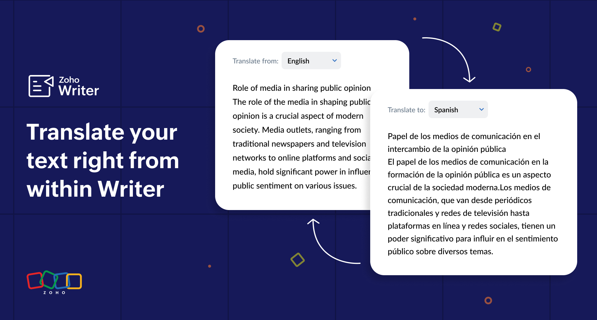 Easily translate content with Zoho Writer